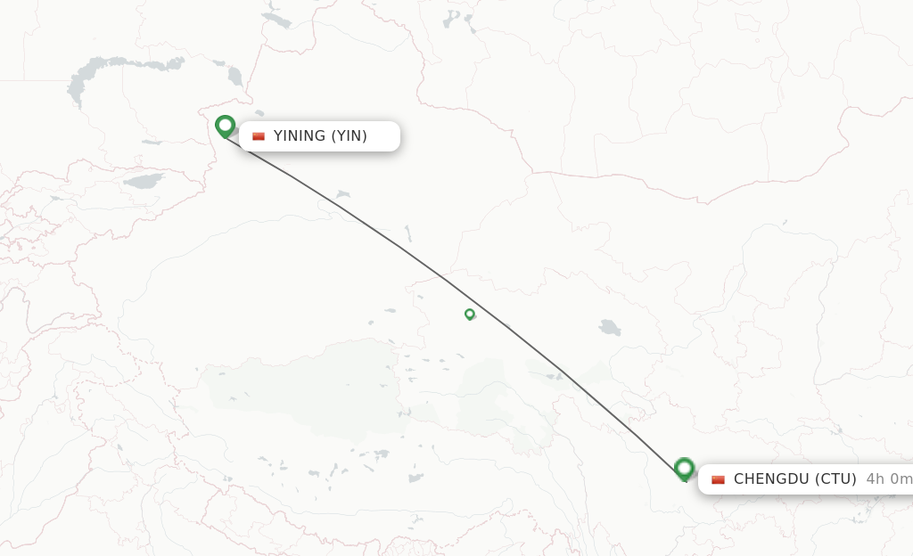 Flights from Yining to Chengdu route map