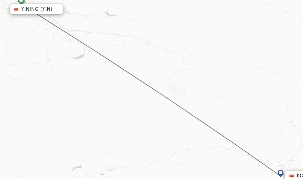 Flights from Yining to Korla route map