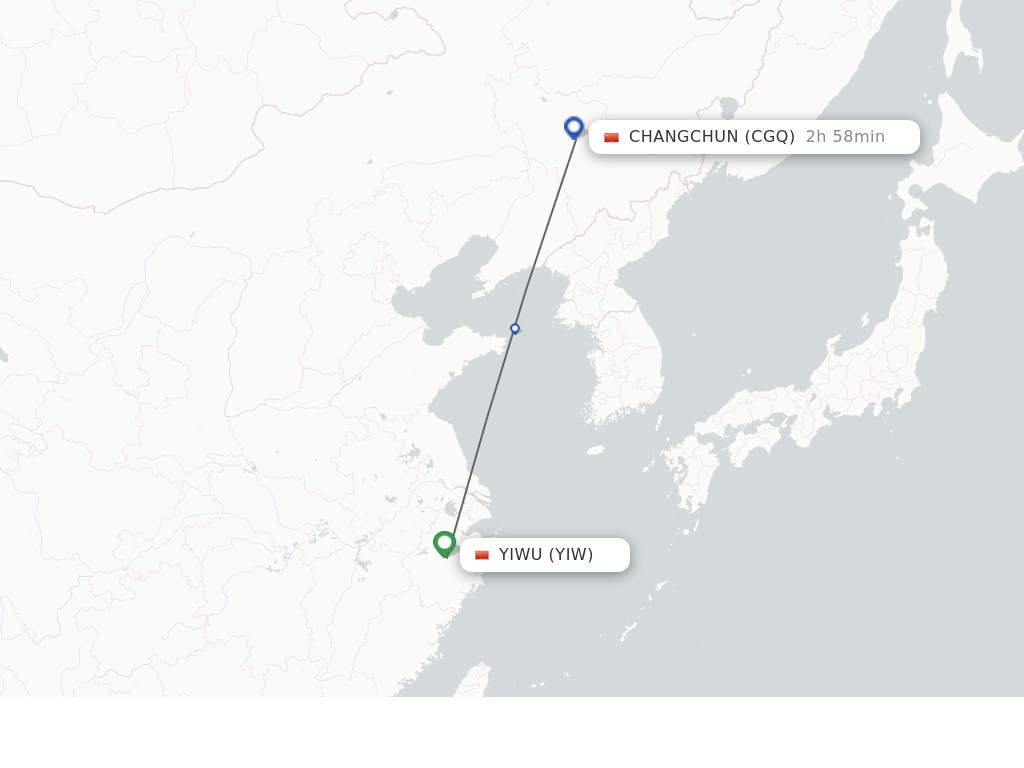 Flights from Yiwu to Changchun route map