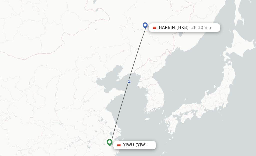Flights from Yiwu to Harbin route map