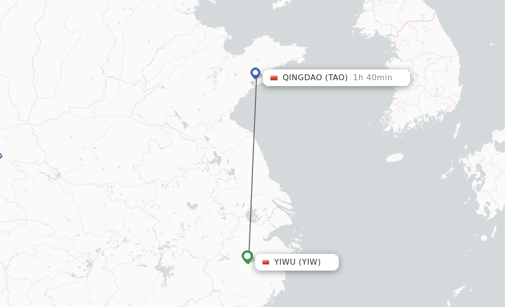 Flights from Yiwu to Qingdao route map