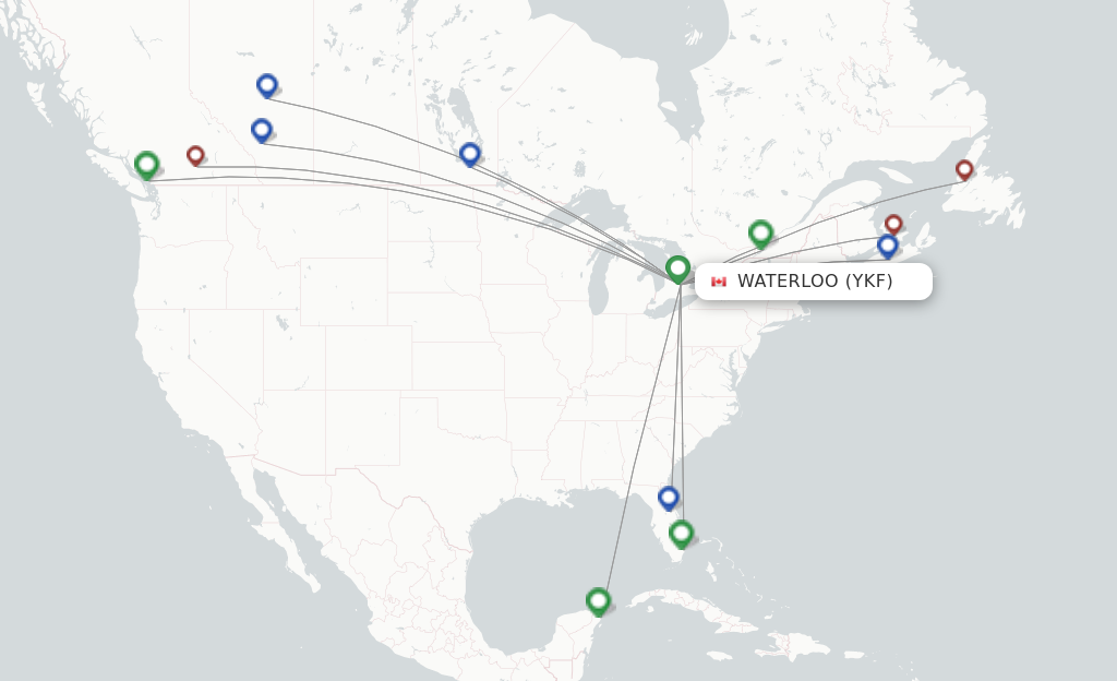 Route map with flights from Kitchener with Flair Airlines