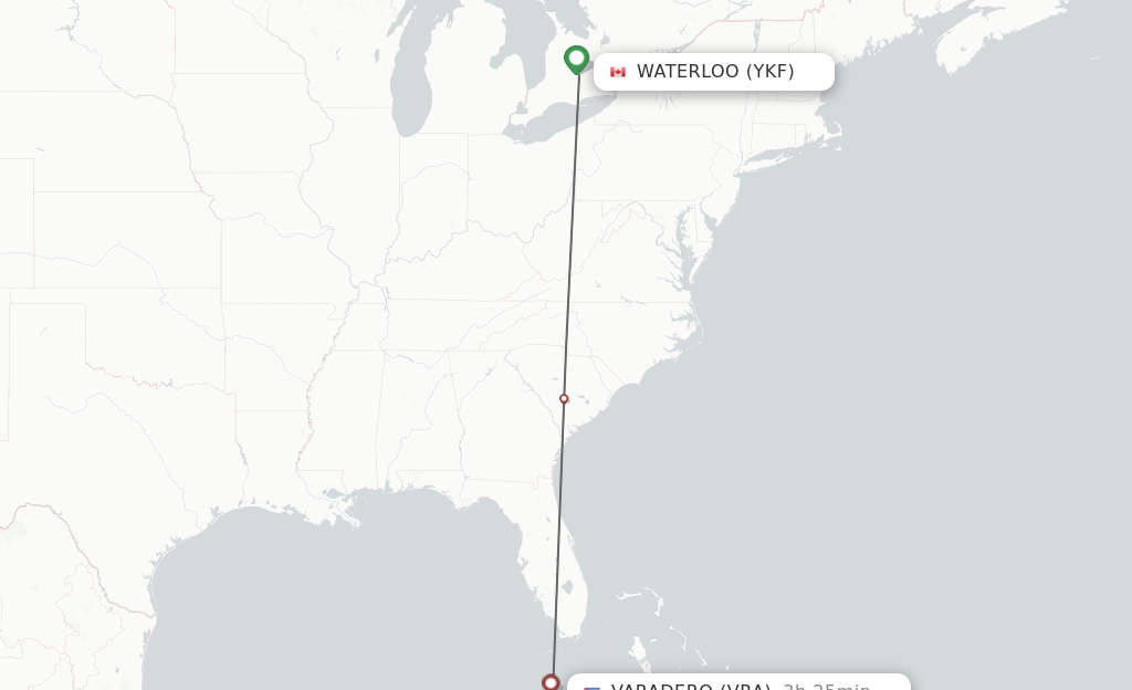 Flights from Kitchener to Varadero route map