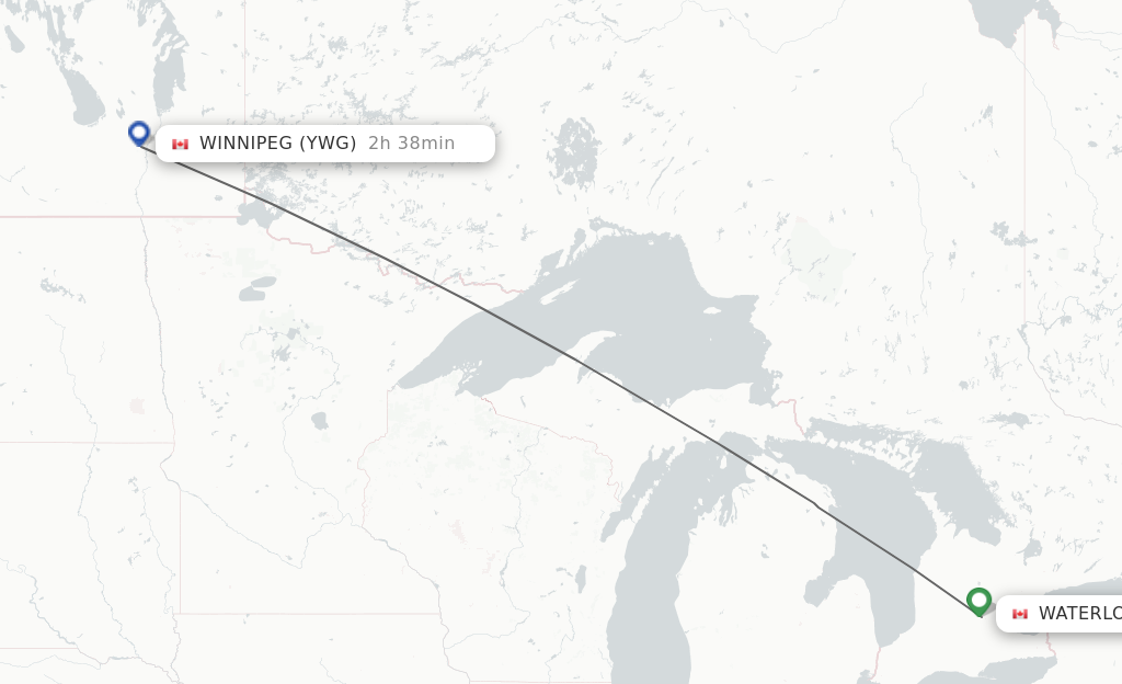 Flights from Kitchener to Winnipeg route map