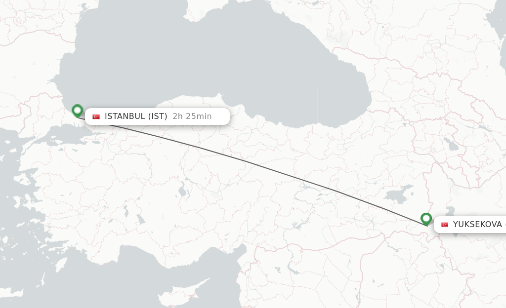 Flights from Yuksekova to Istanbul route map