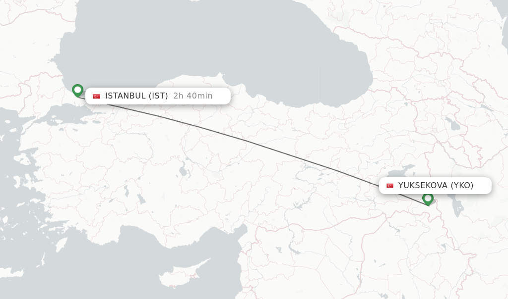 Flights from Yuksekova to Istanbul route map