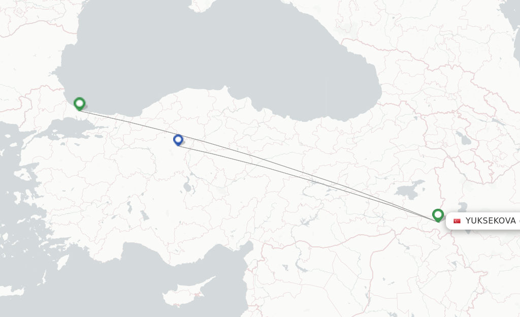 Route map with flights from Yuksekova with Turkish Airlines