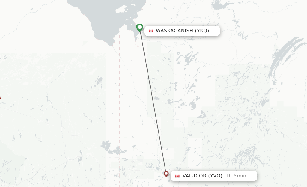 Flights from Waskaganish to Val D'Or route map