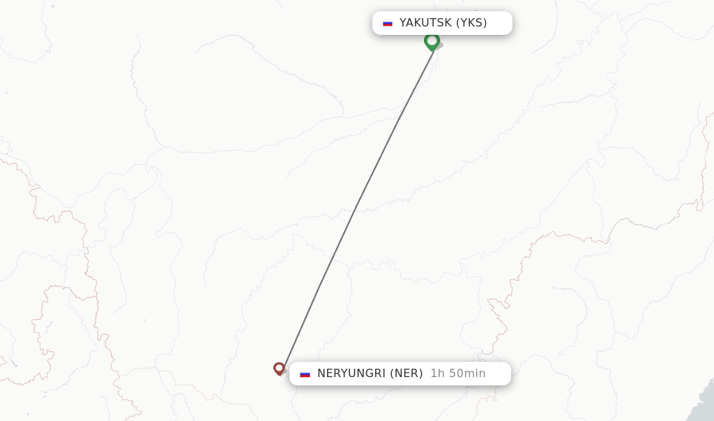 Flights from Yakutsk to Neryungri route map