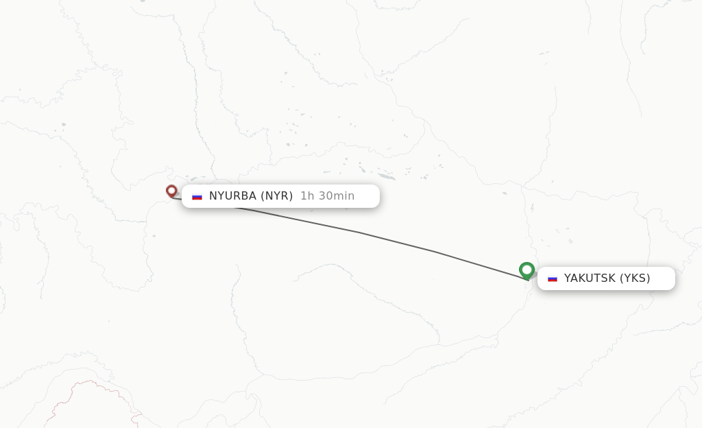 Flights from Yakutsk to Nyurba route map