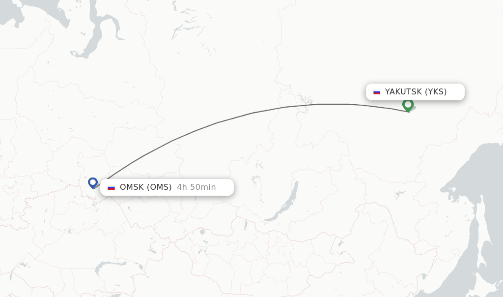 Flights from Yakutsk to Omsk route map