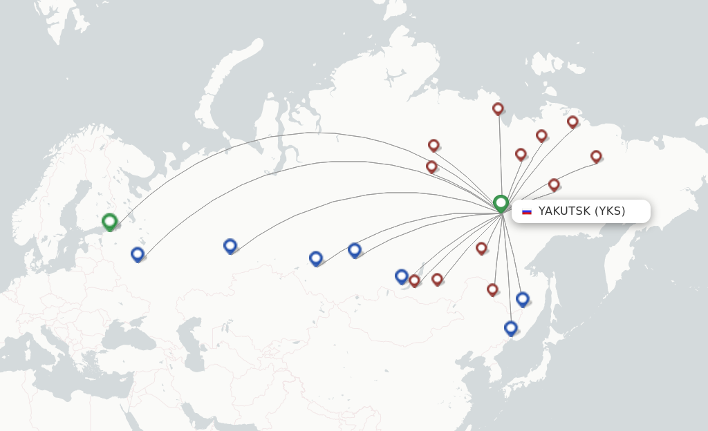 Route map with flights from Yakutsk with Yakutia