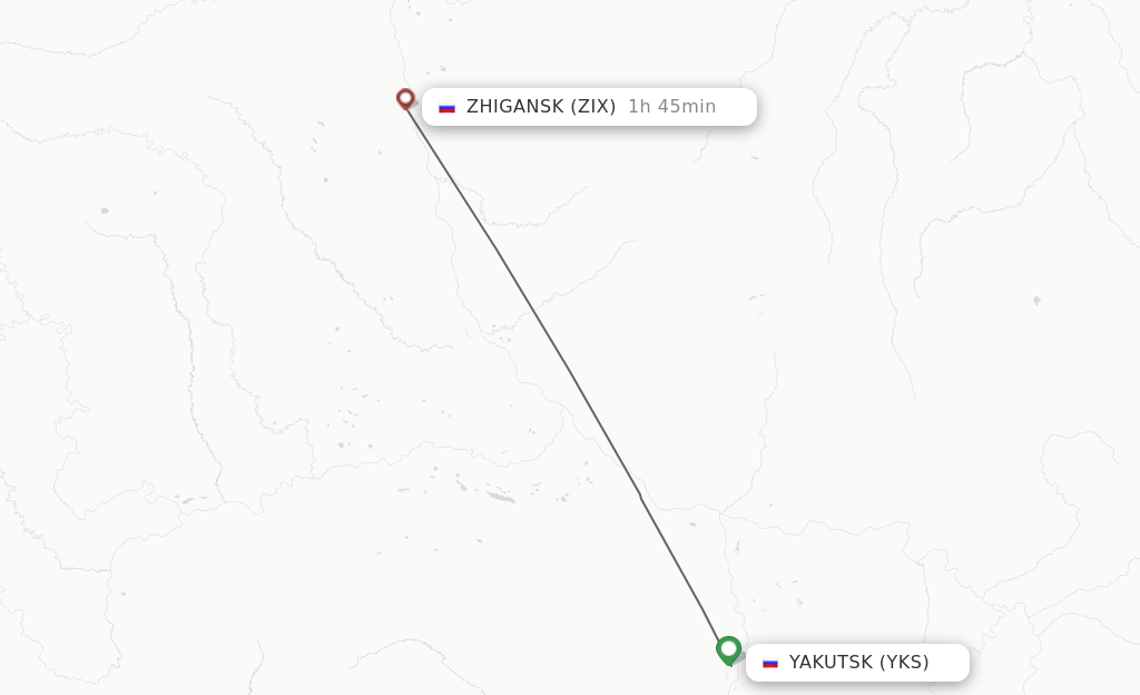 Flights from Yakutsk to Zhigansk route map