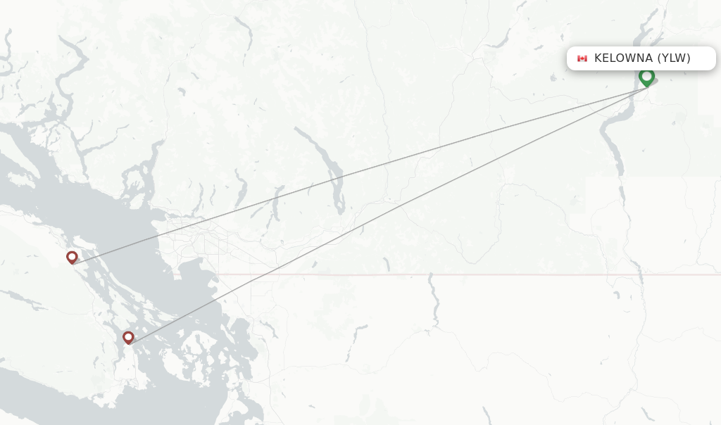 Route map with flights from Kelowna with Pacific Coastal Airlines