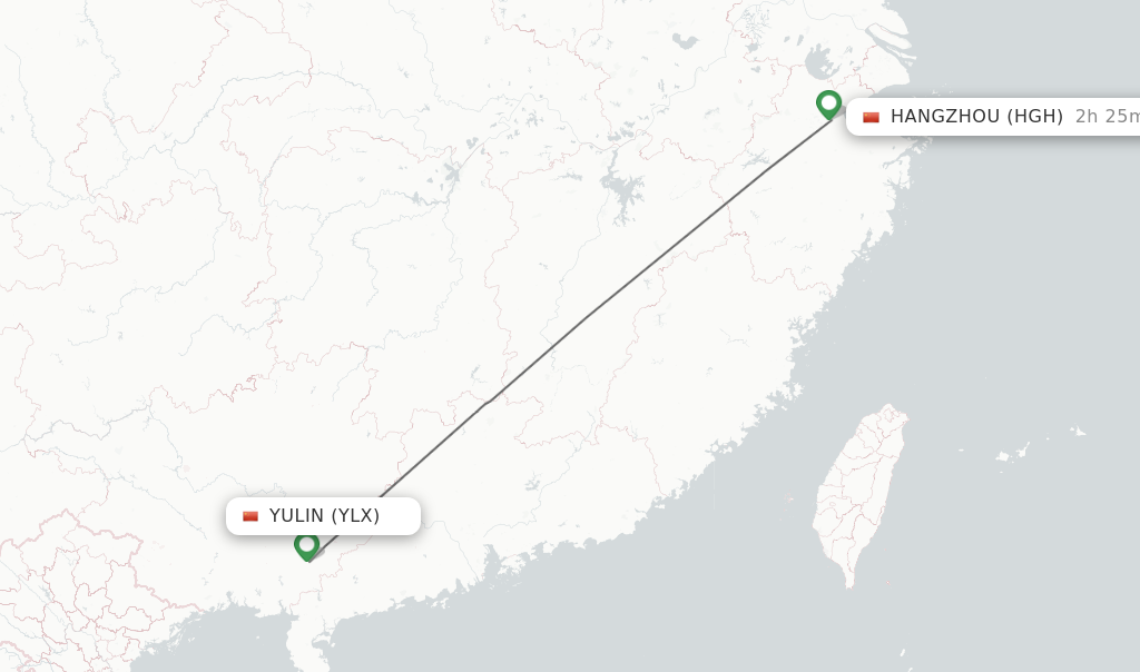 Flights from Yulin to Hangzhou route map