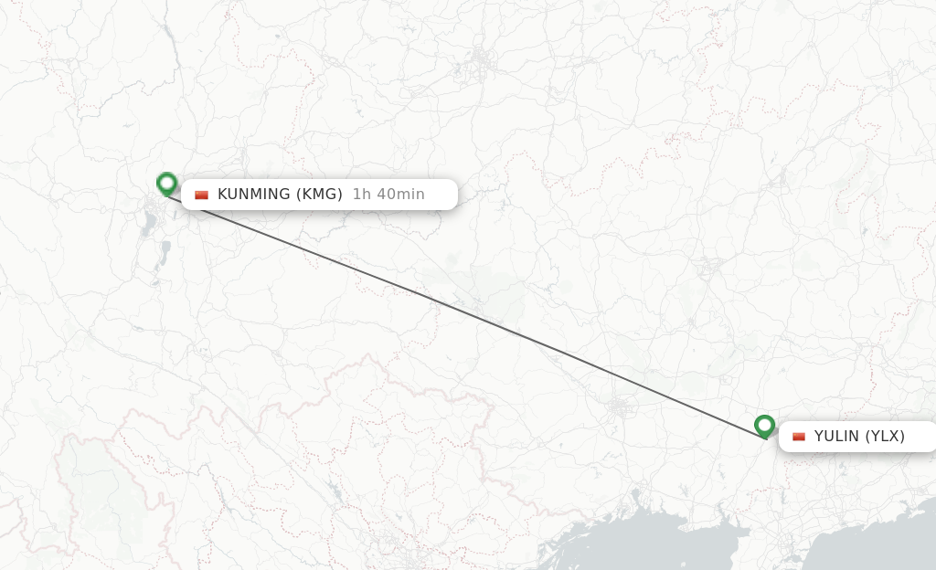 Flights from Yulin to Kunming route map