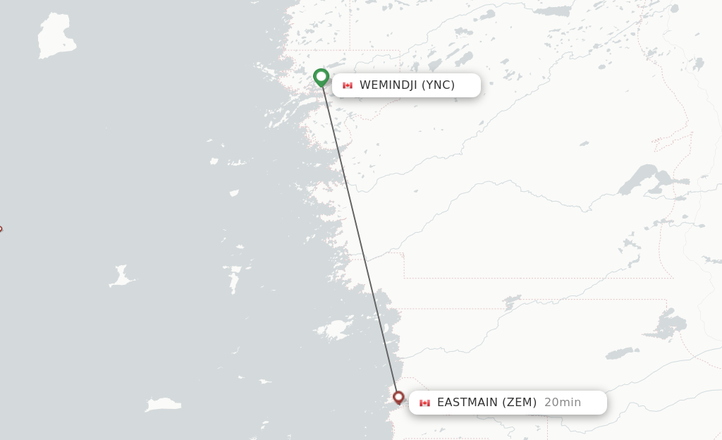 Flights from Wemindji to East Main route map