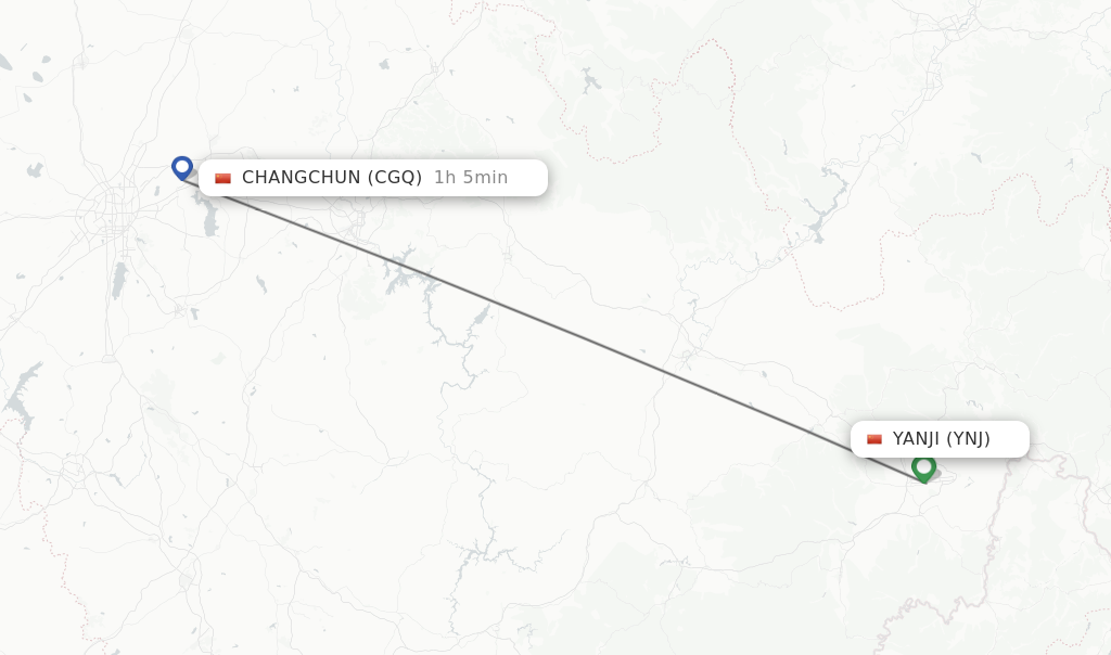 Flights from Yanji to Changchun route map