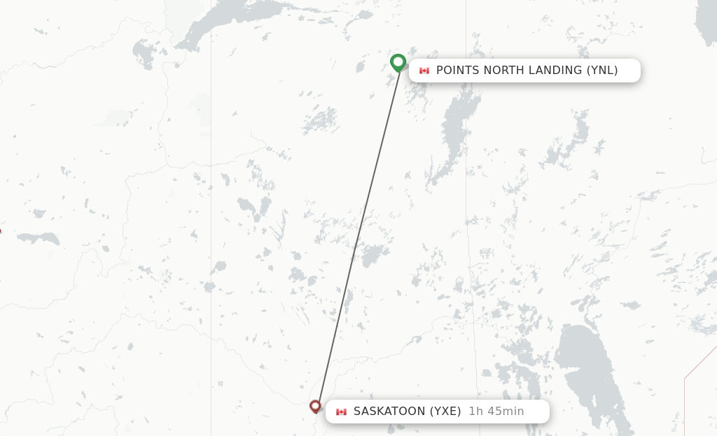 Flights from Points North Landing to Saskatoon route map