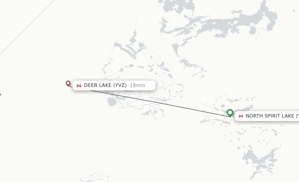 Flights from North Spirit Lake to Deer Lake route map
