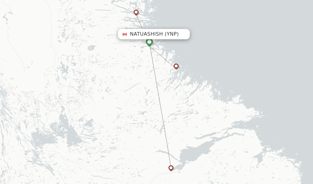 Route map with flights from Natuashish with PAL Airlines