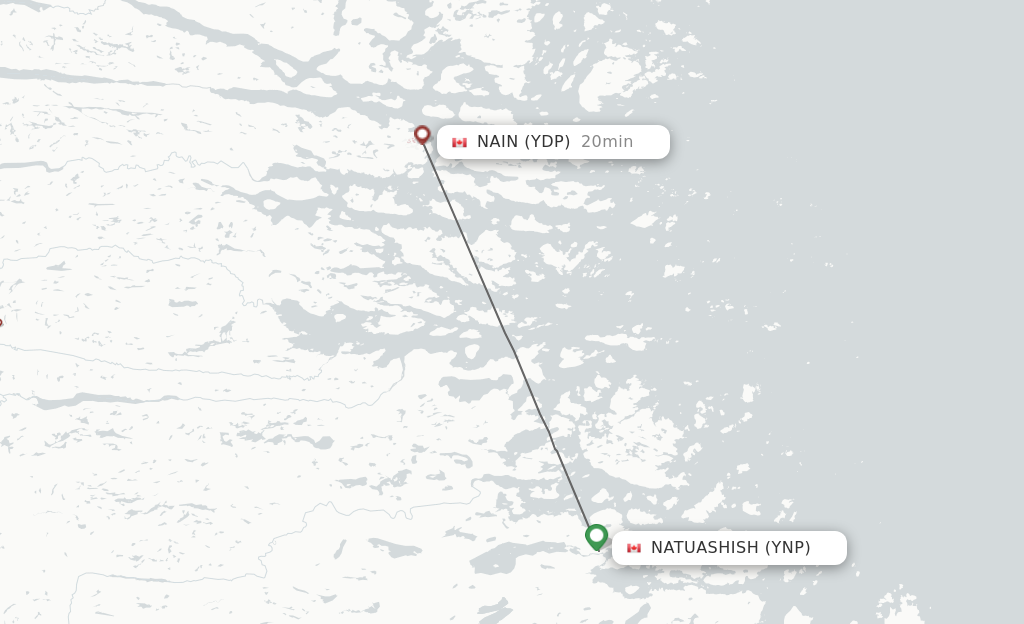 Flights from Natuashish to Nain route map