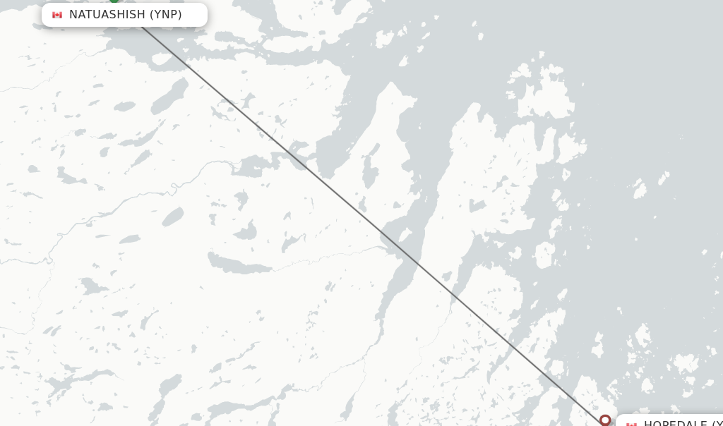 Flights from Natuashish to Hopedale route map