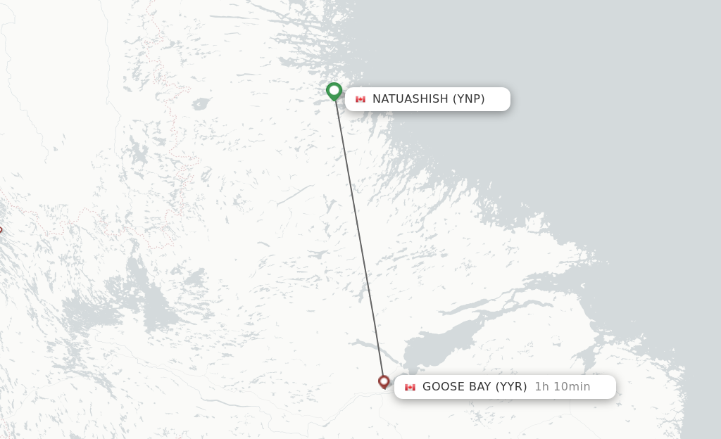 Flights from Natuashish to Goose Bay route map