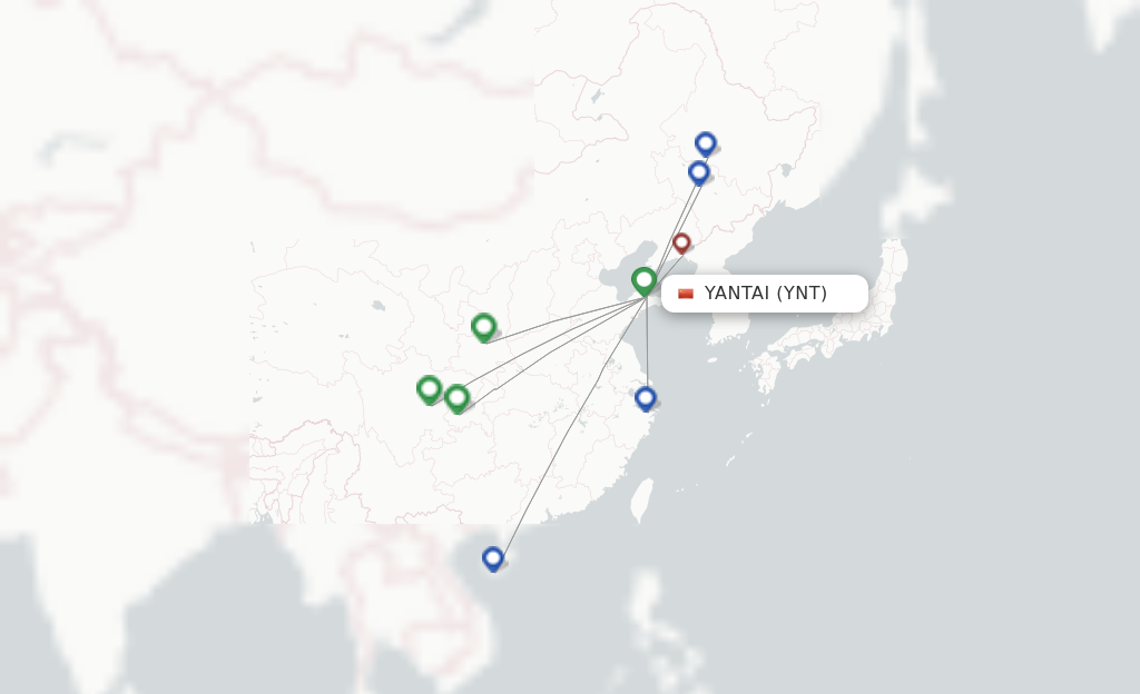 Route map with flights from Yantai with Sichuan Airlines