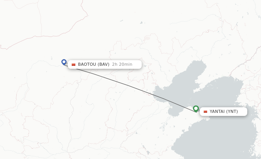 Flights from Yantai to Baotou route map
