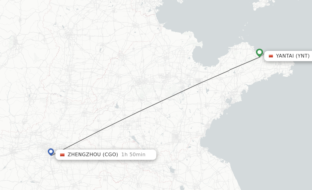Flights from Yantai to Zhengzhou route map