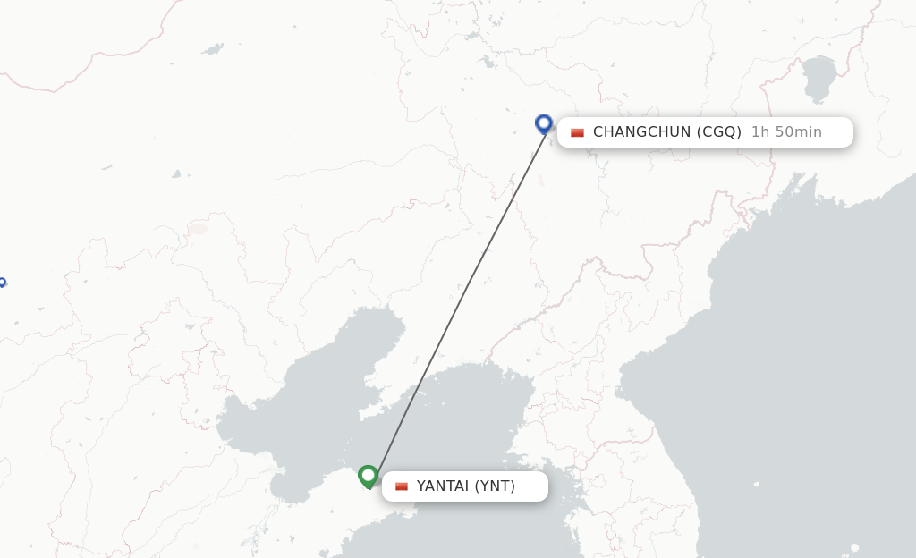 Flights from Yantai to Changchun route map