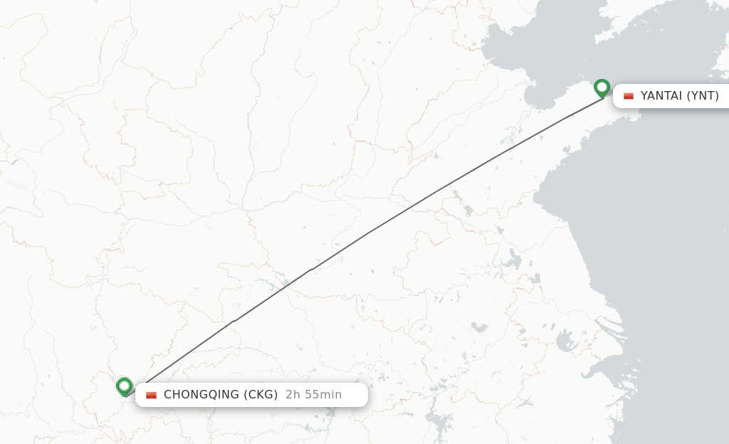Flights from Yantai to Chongqing route map