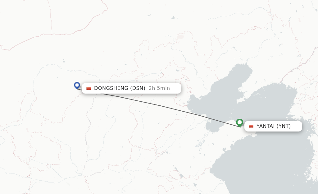 Flights from Yantai to Dongsheng route map