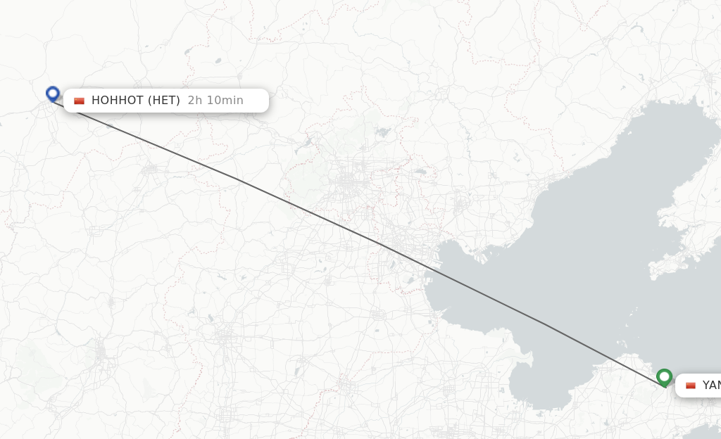 Flights from Yantai to Hohhot route map