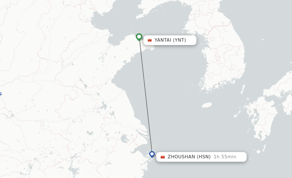 Flights from Yantai to Zhoushan route map