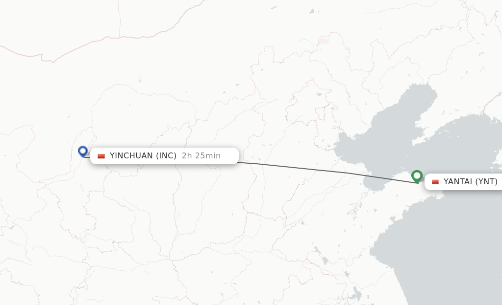 Flights from Yantai to Yinchuan route map
