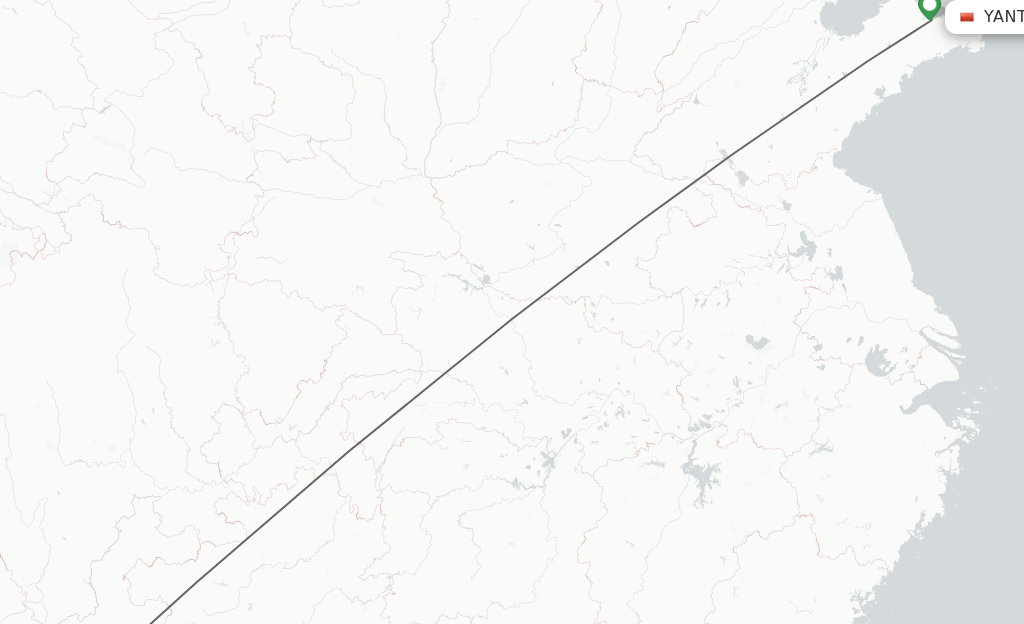 Flights from Yantai to Kunming route map