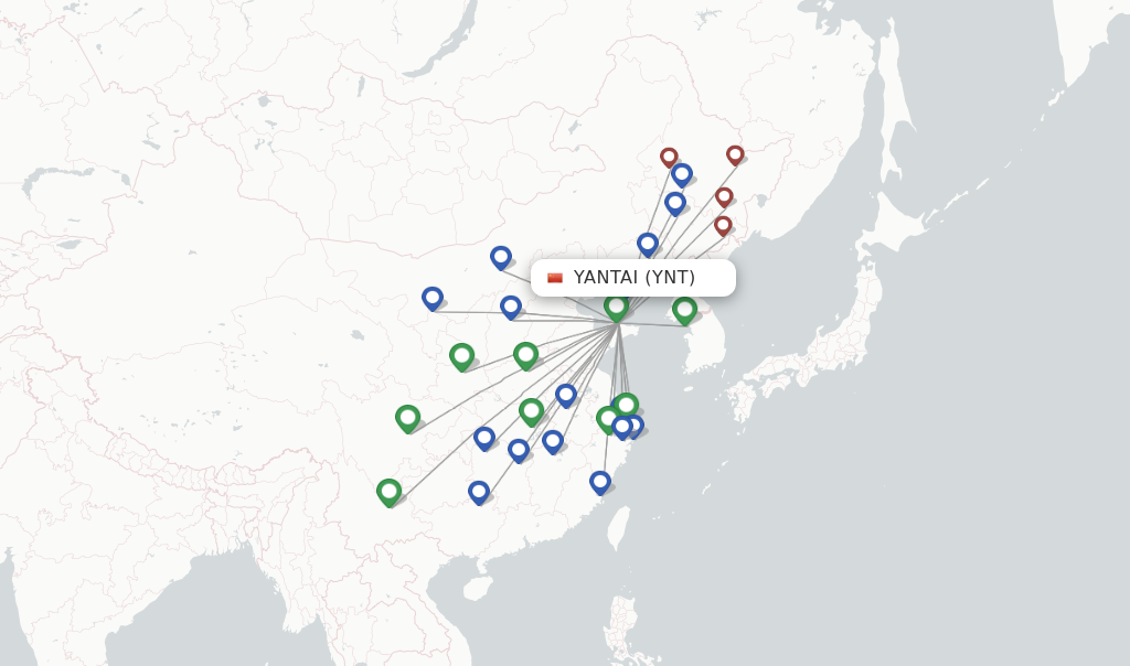 Route map with flights from Yantai with China Eastern