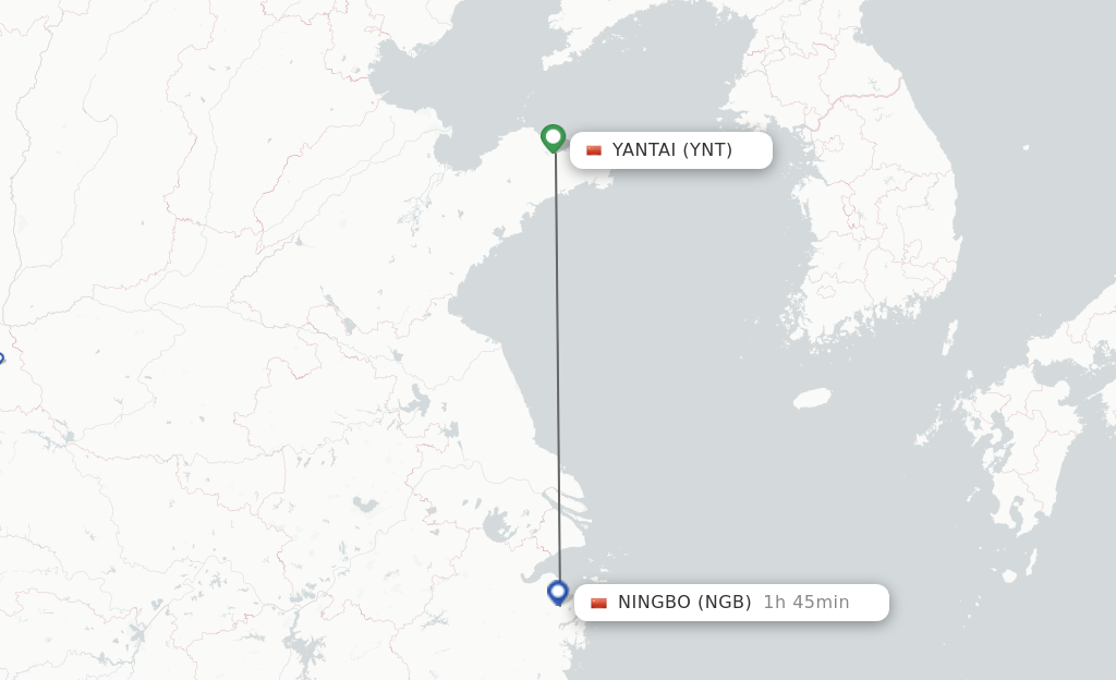 Flights from Yantai to Ningbo route map