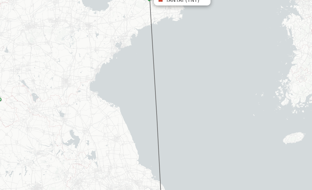 Flights from Yantai to Shanghai route map