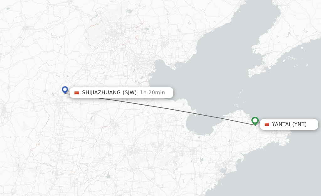 Flights from Yantai to Shijiazhuang route map