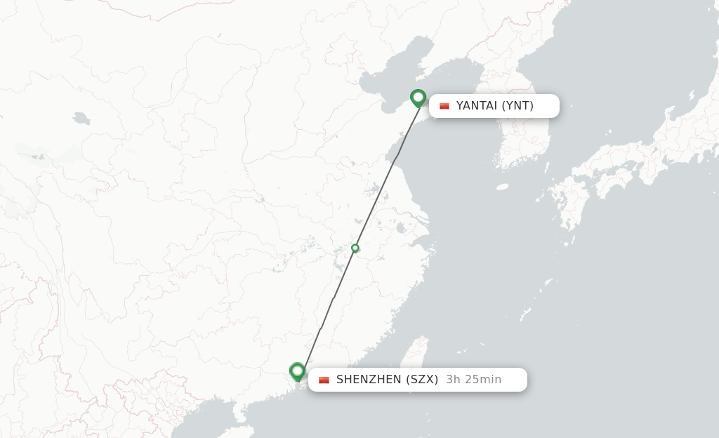 Flights from Yantai to Shenzhen route map