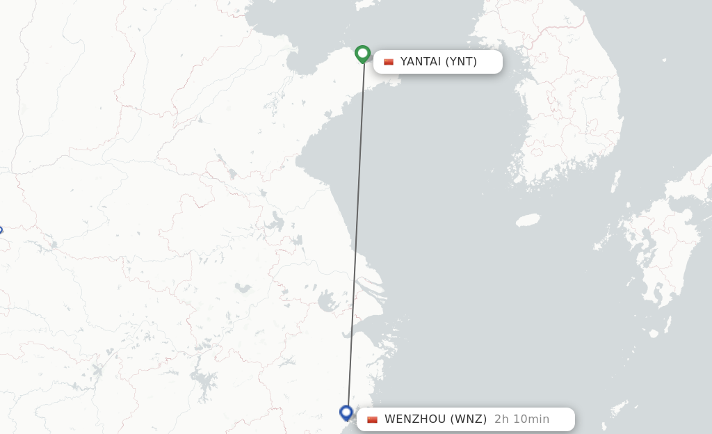 Flights from Yantai to Wenzhou route map
