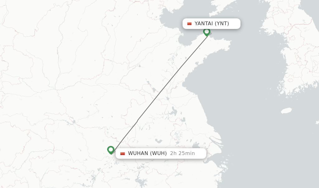 Flights from Yantai to Wuhan route map