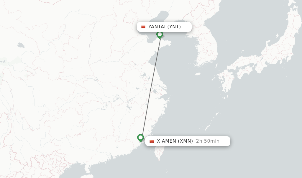 Flights from Yantai to Xiamen route map