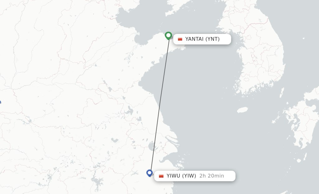 Flights from Yantai to Yiwu route map