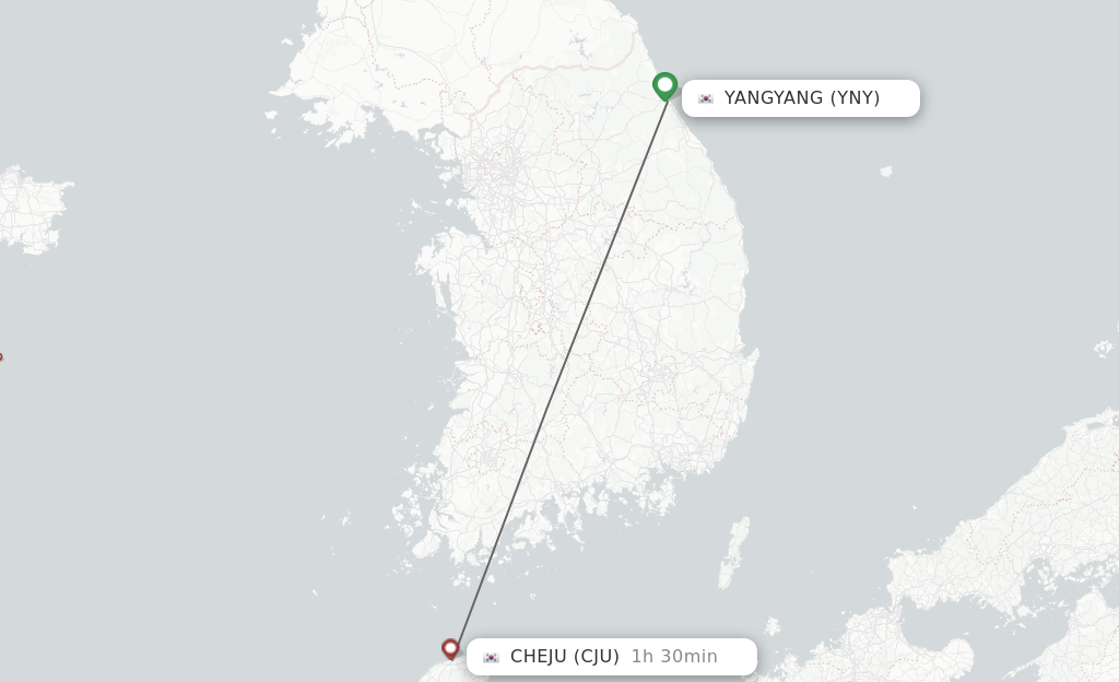Flights from Yangyang to Jeju route map