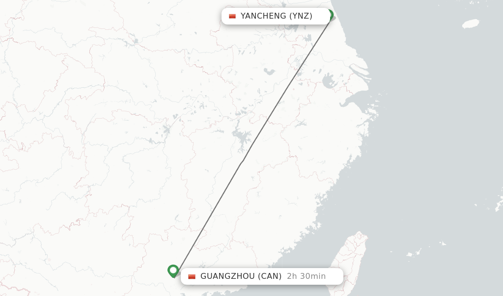 Flights from Yancheng to Guangzhou route map