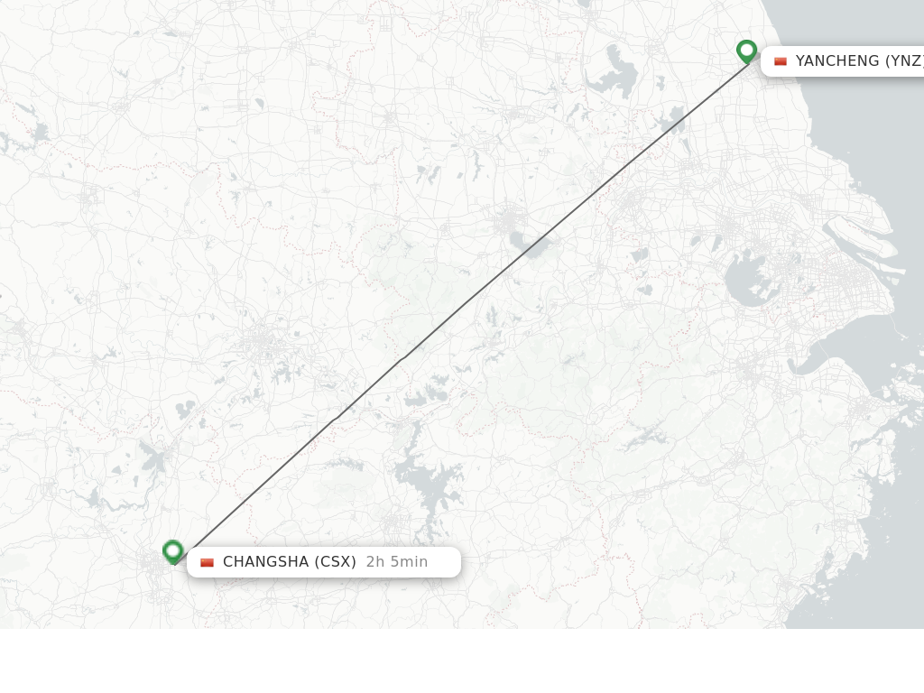 Flights from Yancheng to Changsha route map